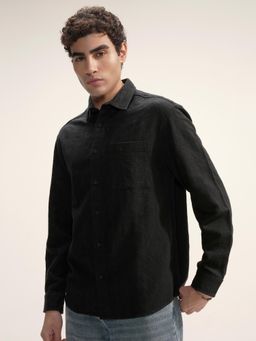 HIGHLANDER - Men Black Dobby Textured Solid Relaxed Overshirt