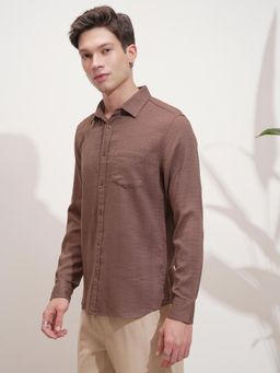 HIGHLANDER - Men Coffee Brown Jacquard Textured Solid Casual Slim Fit Shirt