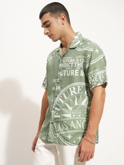 HIGHLANDER - Men Green White Printed Cuban Collar Relaxed Shirt