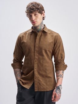 HIGHLANDER - Men Rust Jacquard Textured Solid Occasion Shirt