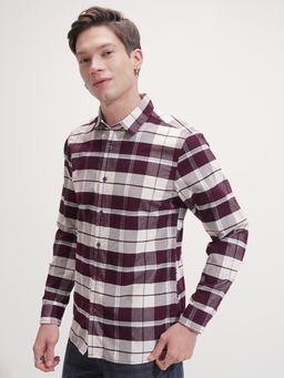 HIGHLANDER - Men Maroon Cream Flannel Cord Checked Casual Slim Fit Shirt