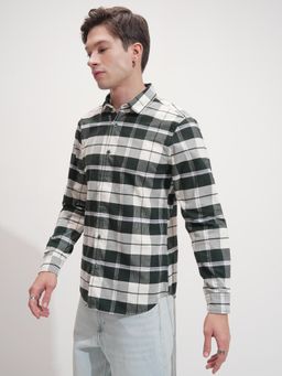 HIGHLANDER - Men Green Cream Flannel Cord Checked Casual Slim Fit Shirt