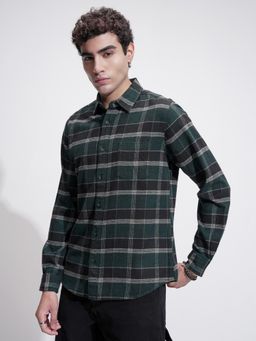 HIGHLANDER - Men Green Black Grindle Flannel Checked Casual Slim Fit Shirt