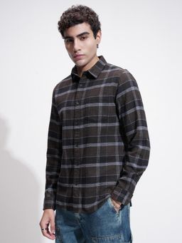 HIGHLANDER - Men Brown Navy Blue Grindle Flannel Checked Casual Slim Fit Shirt
