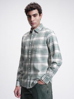 HIGHLANDER - Men Sea Green Off White Grindle Flannel Checked Casual Slim Fit Shirt