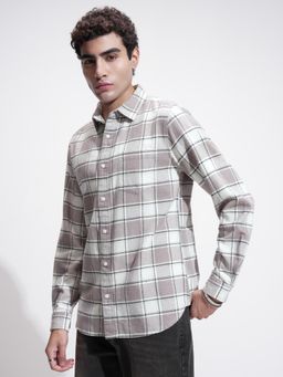 HIGHLANDER - Men Tan White Grindle Flannel Checked Casual Slim Fit Shirt