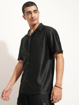 HIGHLANDER - Men Black Popcorn Textured Stylised Pocket Oversized Korean Shirt