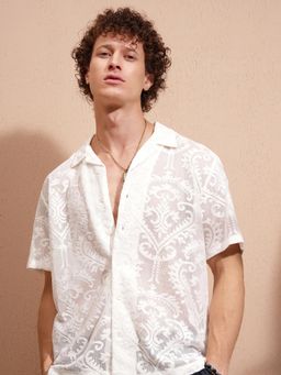 HIGHLANDER - Men White Dobby Collar Stylised Pocket Relaxed Korean Shirt