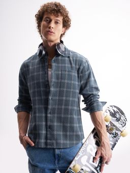 HIGHLANDER - Men Blue Dobby Checked Relaxed Shirt