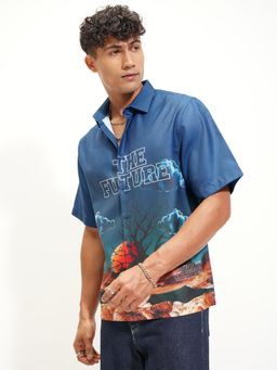 HIGHLANDER - Men Navy Blue Printed Oversized Shirt