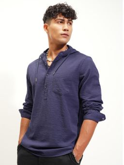 HIGHLANDER - Men Navy Blue Striped Relaxed Fit Hooded Shirt