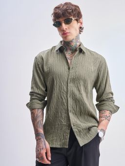 HIGHLANDER - Men Olive Grindle Yarn Dobby Striped Relaxed Shirt
