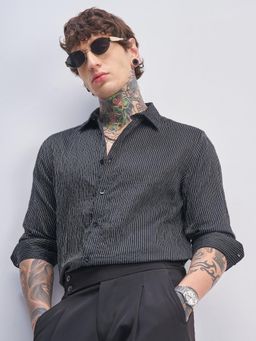HIGHLANDER - Men Black Lyocell Dobby Striped Occasion Slim Fit Shirt