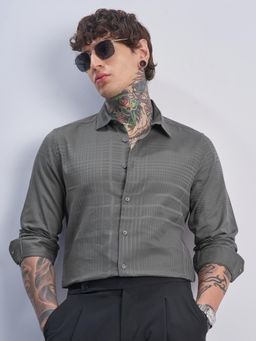 HIGHLANDER - Men Grey Premium Satin Jacquard Occasion Slim Fit Shirt2