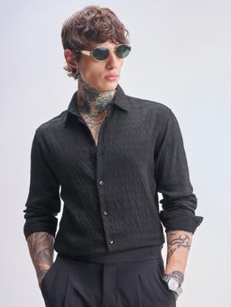 HIGHLANDER - Men Black Dobby Party Occasion Slim Fit Shirt