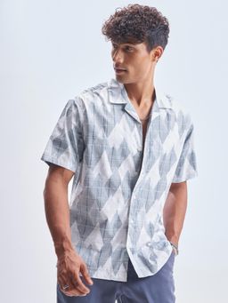 HIGHLANDER - Men Blue & White Chenille Yarn Dobby Cuban Collar Relaxed Shirt