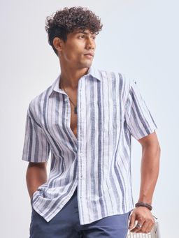 HIGHLANDER - Men White Dobby Striped Cuban Collar Relaxed Shirt