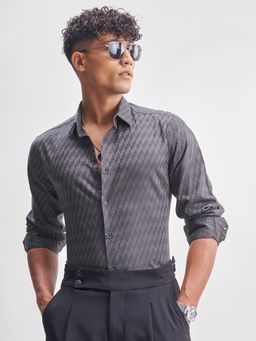 HIGHLANDER - Men Charcoal Dobby Textured Occasion Shirt