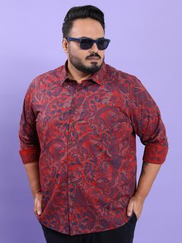 HIGHLANDER - Rust and Blue Ethnic Printed Plus Size Cotton Casual Shirt