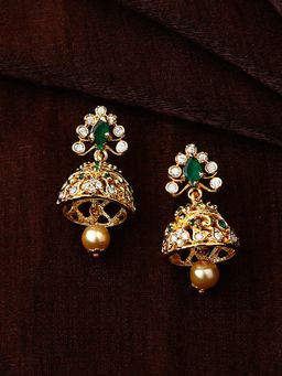 Estele - Gold Plated Cz Splendid Jhumki Earrings With Pearl And Green Crystals For Women