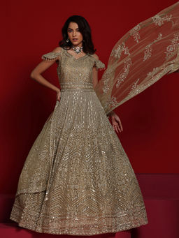 Libas Art - Women Beige Nylon Embellished Gown with Dupatta