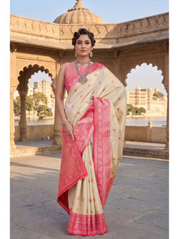 Monjolika Fashion - Women Cream Tissue Woven Saree with Blouse