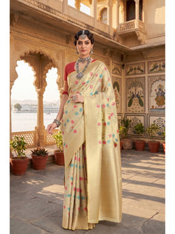 Monjolika Fashion - Women Beige Tissue Woven Saree with Blouse