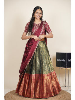 Fabcartz - Women Green Silk Embroidered Semi-Stitched Lehenga with Blouse and Dupatta