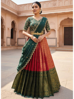 Fabcartz - Women Pink Silk Embroidered Unstitched Lehenga with Blouse and Dupatta