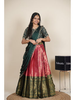 Fabcartz - Women Pink Silk Embroidered Semi-Stitched Lehenga with Blouse and Dupatta