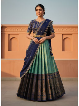 Fabcartz - Women Blue Silk Embroidered Unstitched Lehenga with Blouse and Dupatta