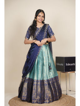 Fabcartz - Women Blue Silk Embroidered Semi-Stitched Lehenga with Blouse and Dupatta