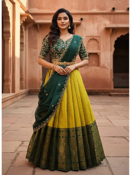 Fabcartz - Women Yellow Silk Embroidered Unstitched Lehenga with Blouse and Dupatta