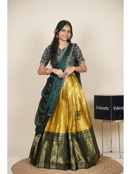 Fabcartz - Women Yellow Silk Embroidered Semi-Stitched Lehenga with Blouse and Dupatta