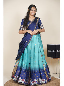 Fabcartz - Women Blue Silk Embroidered Semi-Stitched Lehenga with Blouse and Dupatta