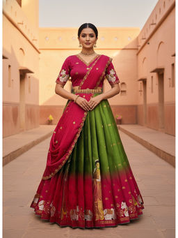 Fabcartz - Women Green Silk Embroidered Unstitched Lehenga with Blouse and Dupatta