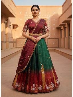 Fabcartz - Women Green Silk Embroidered Unstitched Lehenga with Blouse and Dupatta