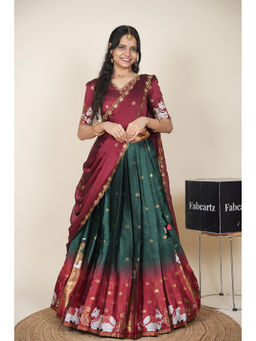 Fabcartz - Women Green Silk Embroidered Semi-Stitched Lehenga with Blouse and Dupatta