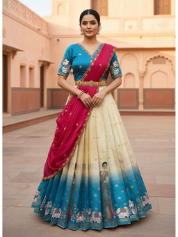 Fabcartz - Women Cream Silk Embroidered Unstitched Lehenga with Blouse and Dupatta