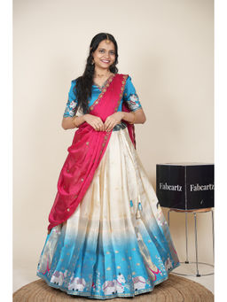 Fabcartz - Women Cream Silk Embroidered Semi-Stitched Lehenga with Blouse and Dupatta