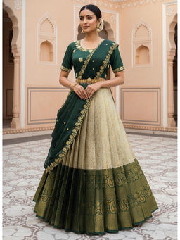 Fabcartz - Women Green Silk Embroidered Unstitched Lehenga with Blouse and Dupatta
