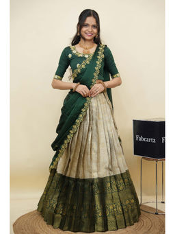 Fabcartz - Women Green Silk Embroidered Semi-Stitched Lehenga with Blouse and Dupatta