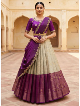 Fabcartz - Women Purple Silk Embroidered Unstitched Lehenga with Blouse and Dupatta