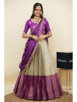 Fabcartz - Women Purple Silk Embroidered Semi-Stitched Lehenga with Blouse and Dupatta