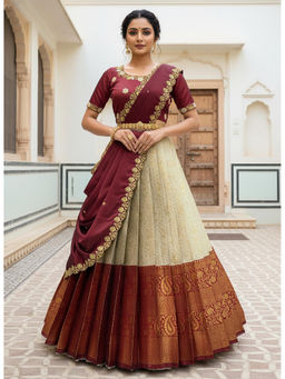 Fabcartz - Women Maroon Silk Embroidered Unstitched Lehenga with Blouse and Dupatta