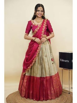 Fabcartz - Women Pink Silk Embroidered Semi-Stitched Lehenga with Blouse and Dupatta