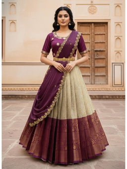 Fabcartz - Women Purple Silk Embroidered Unstitched Lehenga with Blouse and Dupatta