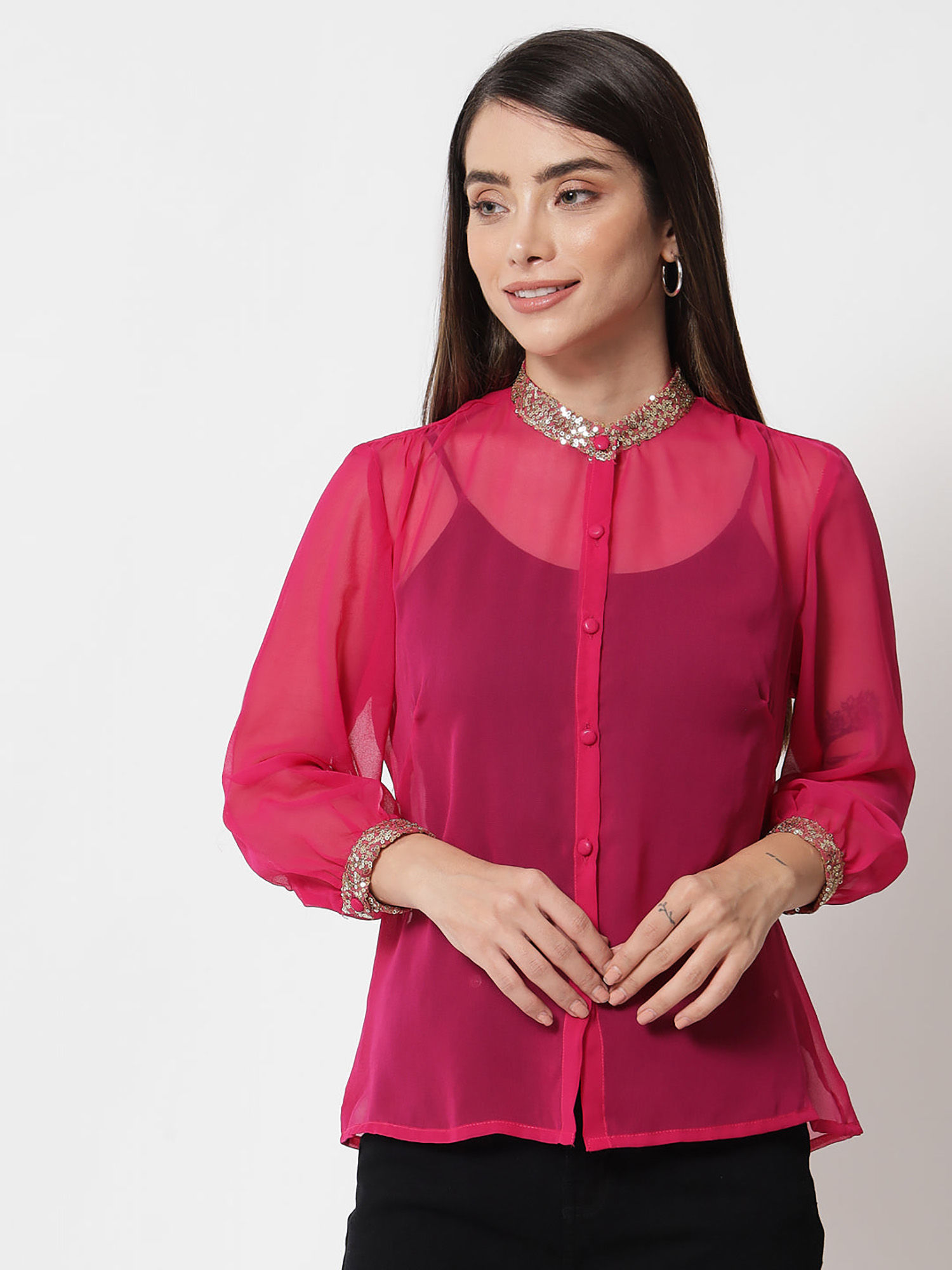 studio rasa Women Pink Georgette Embroidered Stitched Blouse-picture-22