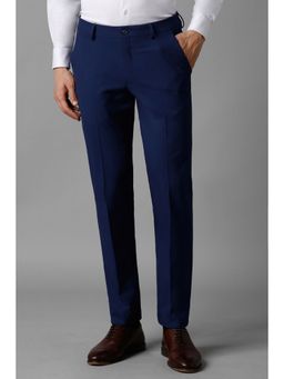 Louis Philippe - Men Navy Blue Slim Fit Checks Flat Front Formal Trousers