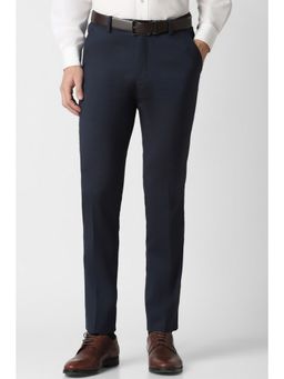 Peter England - Men Navy Blue Textured Slim Fit Formal Trousers